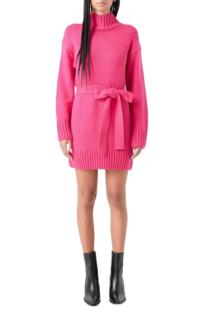 Grey Lab Tie Belt Long Sleeve Sweater Minidress Fuchsia at Nordstrom,