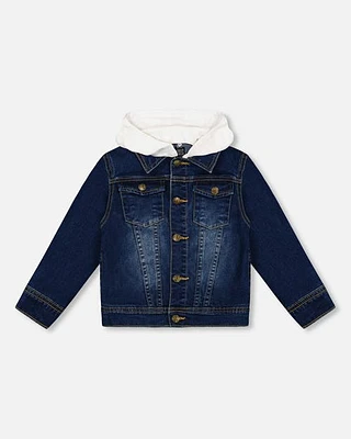 Deux Par Deux Boy's Blue Denim Jacket With Detachable French Terry Hood in Navy Denim at Nordstrom