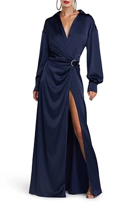 HALSTON Ivon Long Sleeve Satin Charmeuse Gown Navy at Nordstrom,