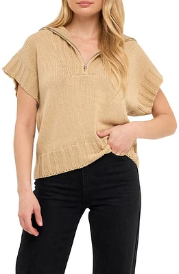 English Factory Zip Neck Short Sleeve Sweater in Taupe at Nordstrom, Size Large