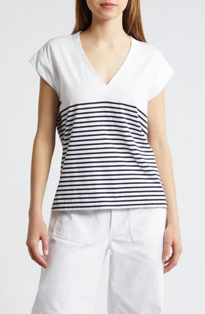 FRAME Le Mid Rise Stripe V-Neck Supima Cotton T-Shirt Navy Multi at Nordstrom,