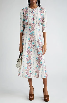 Etro Floral Print Puff Sleeve Midi Dress On White Base at Nordstrom, Us