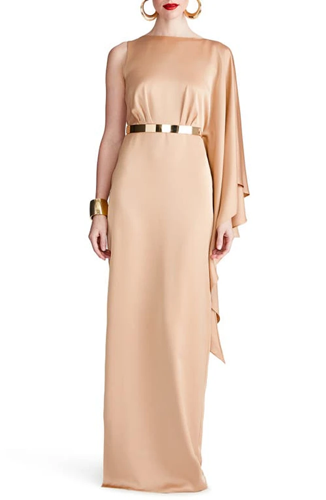 HALSTON Rhiannon Belted Satin Column Gown Tan Beige at Nordstrom,