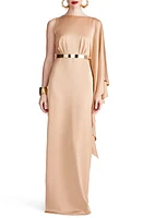 HALSTON Rhiannon Belted Satin Column Gown Tan Beige at Nordstrom,