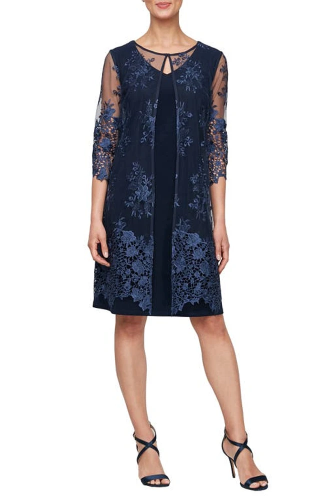 Alex Evenings Embroidered Elongated Mock Jacket Sheath Dress Dark Navy at Nordstrom,