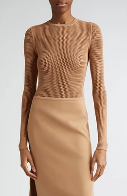 Michael Kors Collection Long Sleeve Knit Mesh Bodysuit Suntan at Nordstrom,