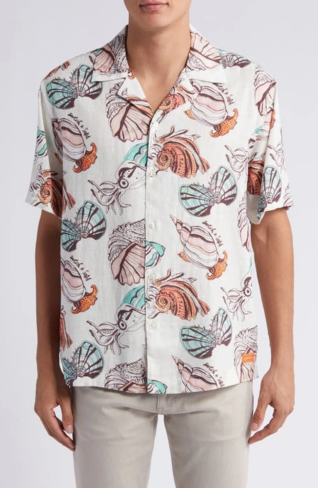 Scotch & Soda Print Linen Blend Camp Shirt Ivory at Nordstrom,