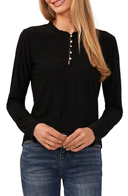 CeCe Ruffle Trim Knit Henley in Rich Black at Nordstrom, Size X-Large