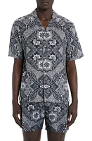 Moncler Bandana Print Stretch Cotton Camp Shirt Black at Nordstrom,