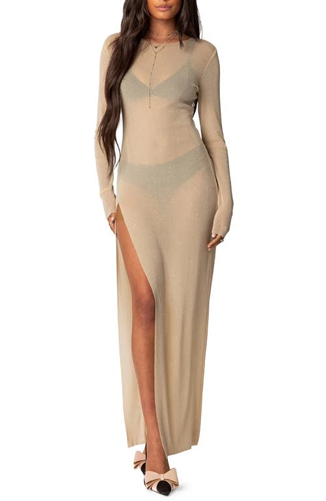 EDIKTED Glitter Long Sleeve Mesh Maxi Dress Champagne at Nordstrom,