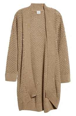 Eleventy Sequin Open Stitch Cotton & Linen Blend Cardigan Sand at Nordstrom,