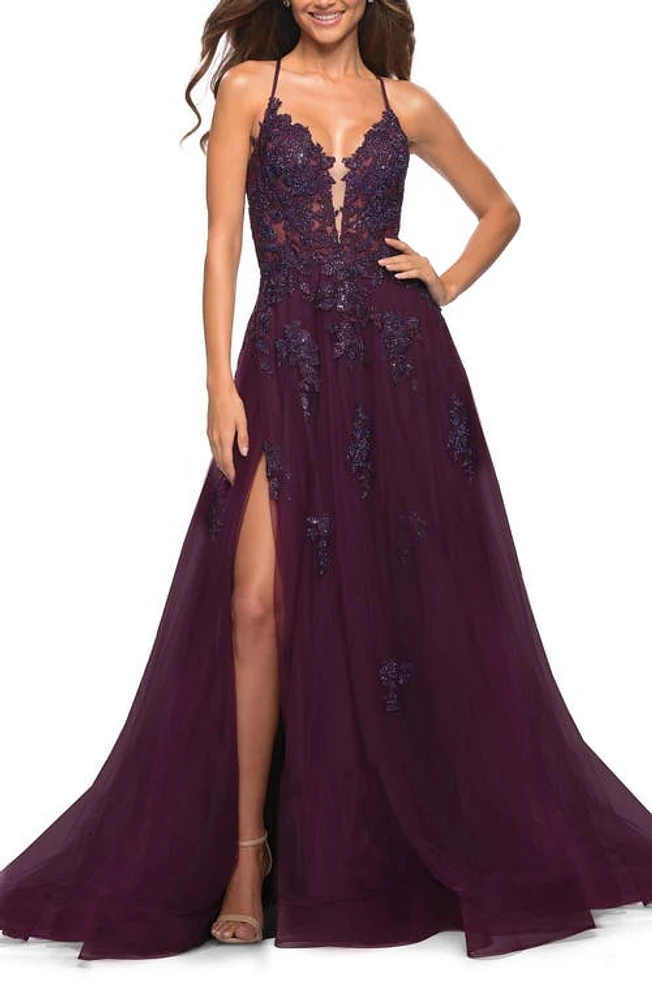 La Femme Floral Embroidered Tulle Ballgown Dark Berry at Nordstrom,