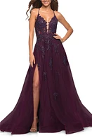 La Femme Floral Embroidered Tulle Ballgown Dark Berry at Nordstrom,