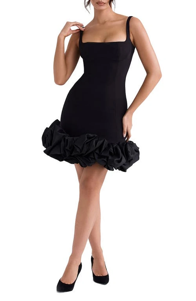 HOUSE OF CB Lilou Ruffle Square Neck Minidress Black at Nordstrom,