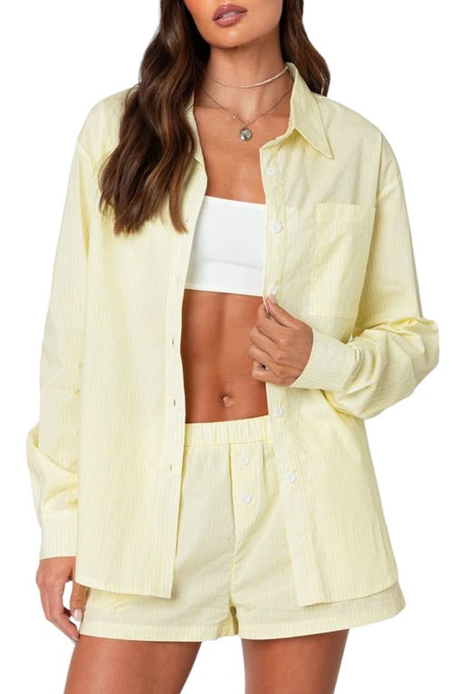 EDIKTED Pinstripe Oversize Button-Up Shirt Yellow at Nordstrom,