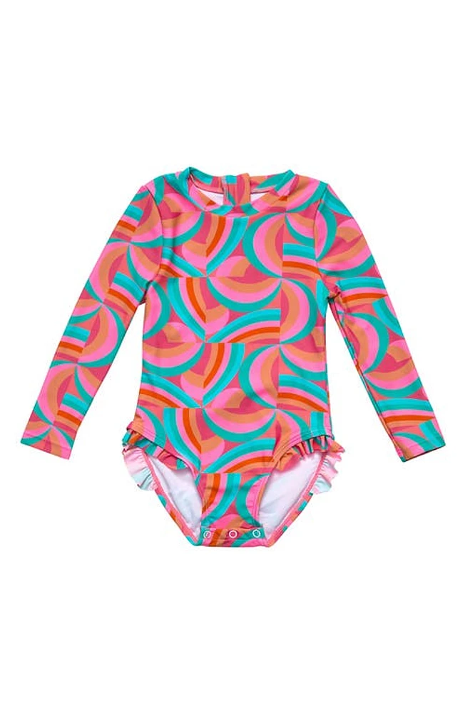 Snapper Rock Geo Melon Long Sleeve Rashguard Swimsuit in Red at Nordstrom, Size 24-36M