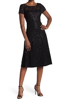 SL FASHIONS Cap Sleeve Metallic Lace Dress Blk at Nordstrom, P