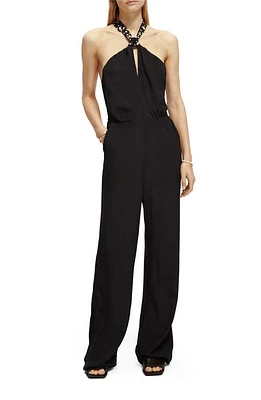 Scotch & Soda Contrast Bow Wide Leg Jumpsuit 0008-Black at Nordstrom, Us