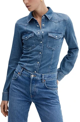 MANGO Denim Western Snap-Up Shirt in Medium Blue at Nordstrom, Size 4