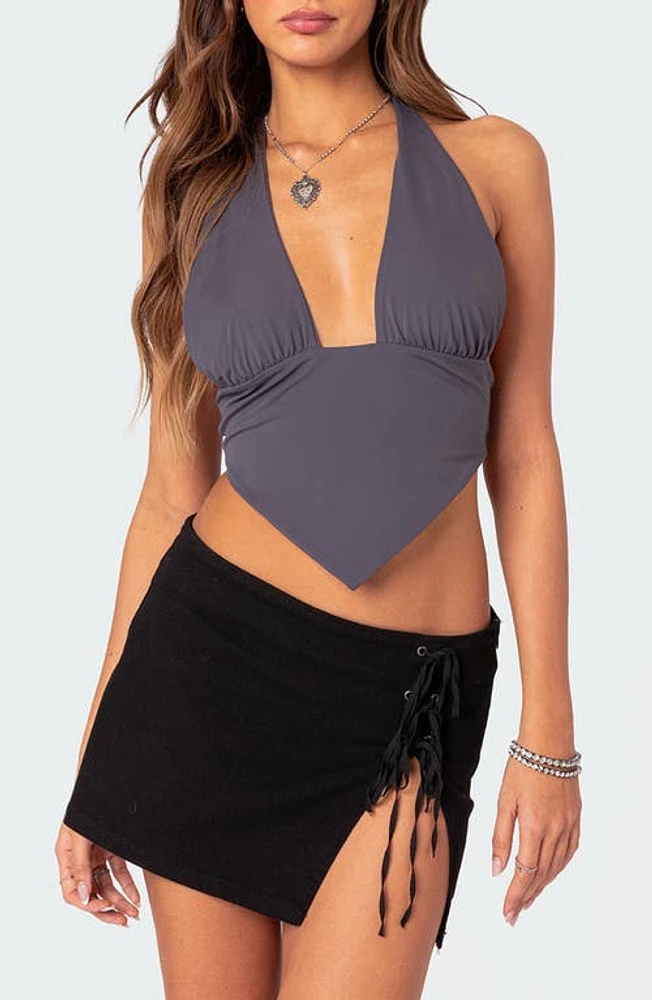 EDIKTED Open Back Triangle Halter Top Dark-Gray at Nordstrom,