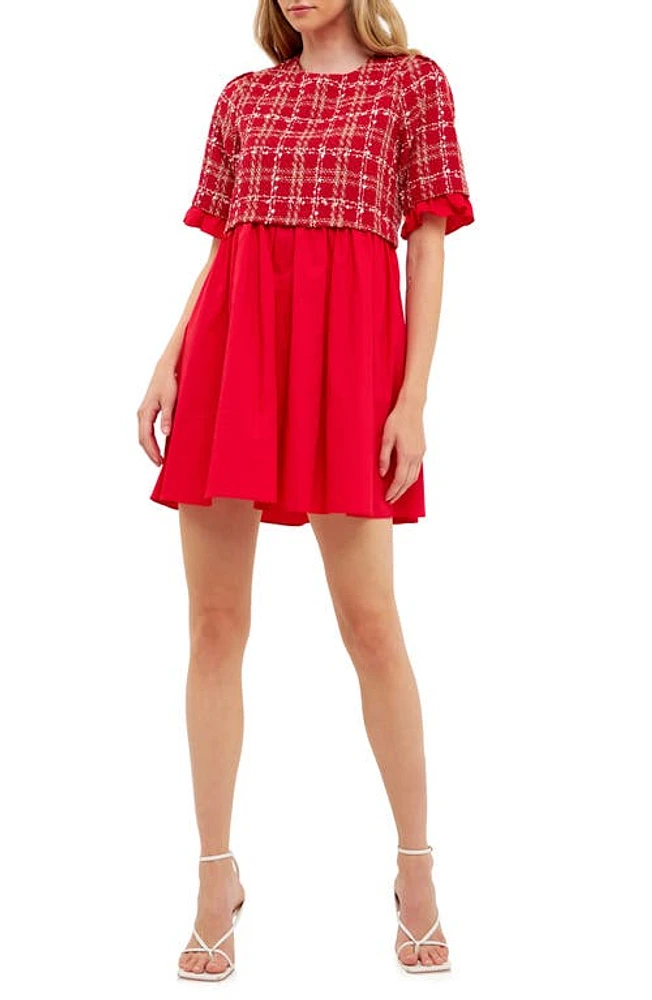 English Factory Pleated Tweed & Poplin Minidress in Red at Nordstrom, Size Large