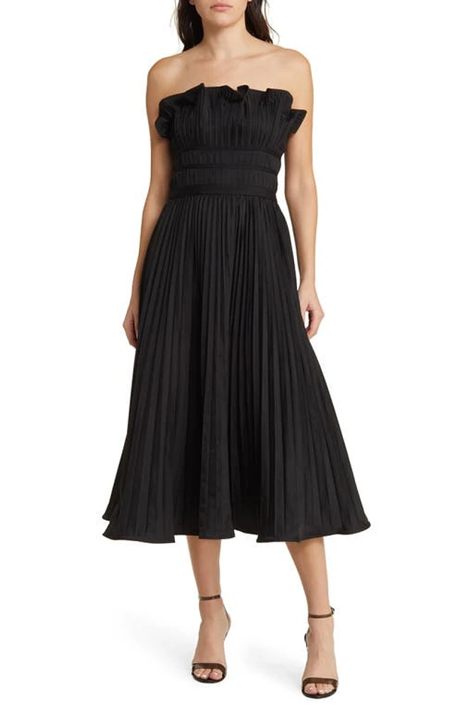 MOON RIVER Strapless Pleated Midi Dress in Black at Nordstrom, Size Medium