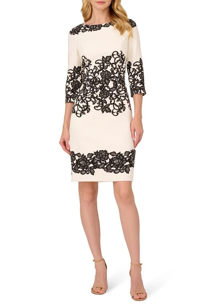 Adrianna Papell Scroll Lace Sheath Dress Ivory/Black at Nordstrom,