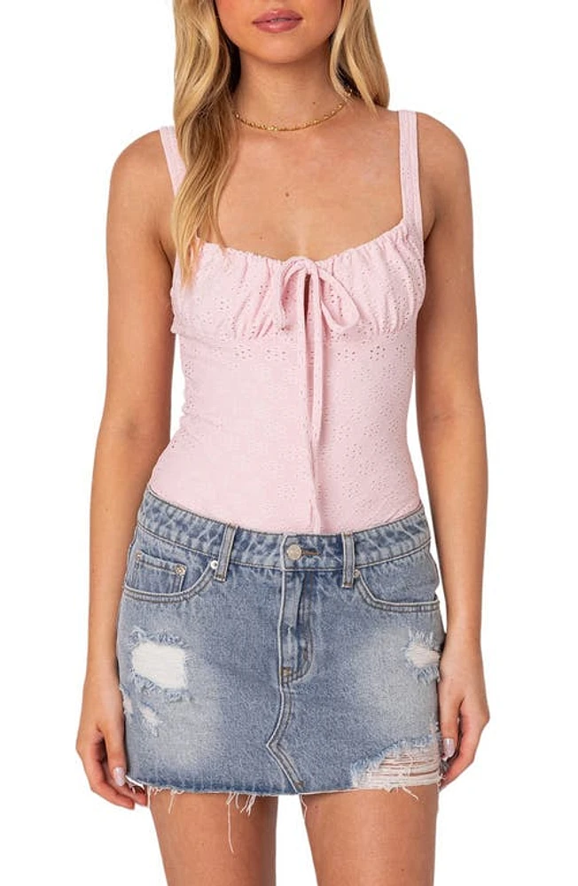 EDIKTED Carol Eyelet Sleeveless Bodysuit Pink at Nordstrom,