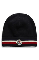 Moncler Logo Patch Stripe Cuff Virgin Wool Beanie in Navy Blue at Nordstrom