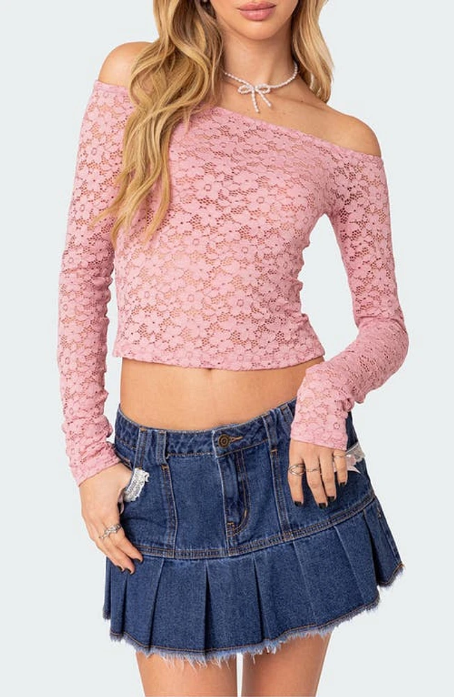 EDIKTED Carolina Lace Off the Shoulder Top Pink at Nordstrom,