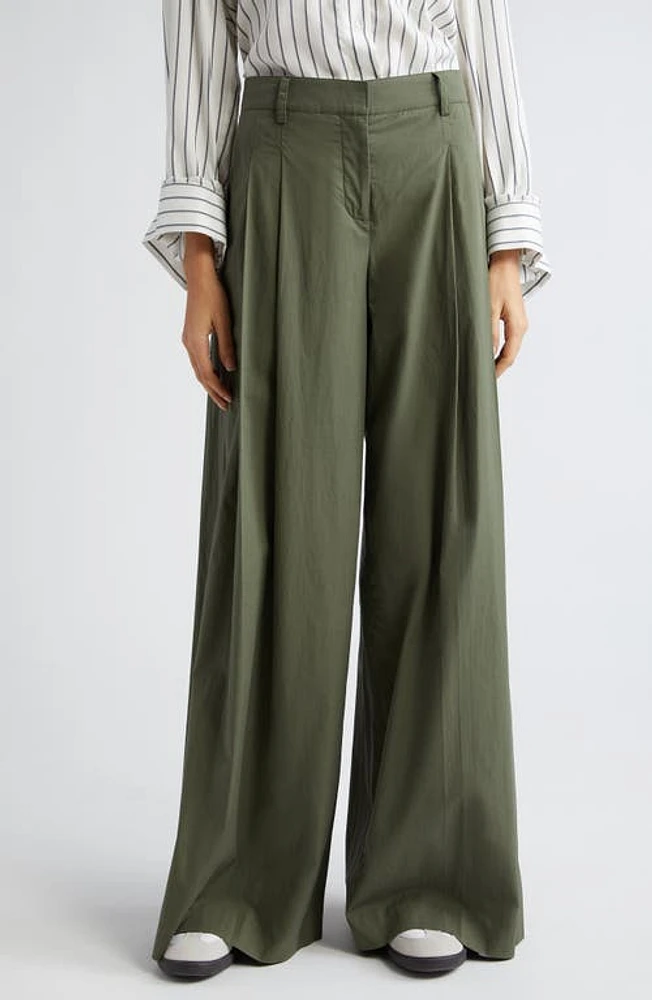 TWP Didi Pleated Stretch Cotton Poplin Wide Leg Pants Olive Night at Nordstrom,