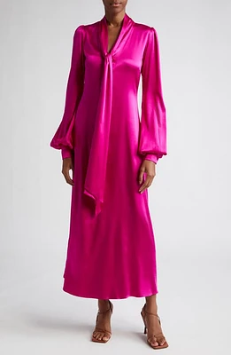 HOUSE OF AAMA Becca Pussybow Long Sleeve Silk Charmeuse Dress in Raspberry at Nordstrom, Size 2