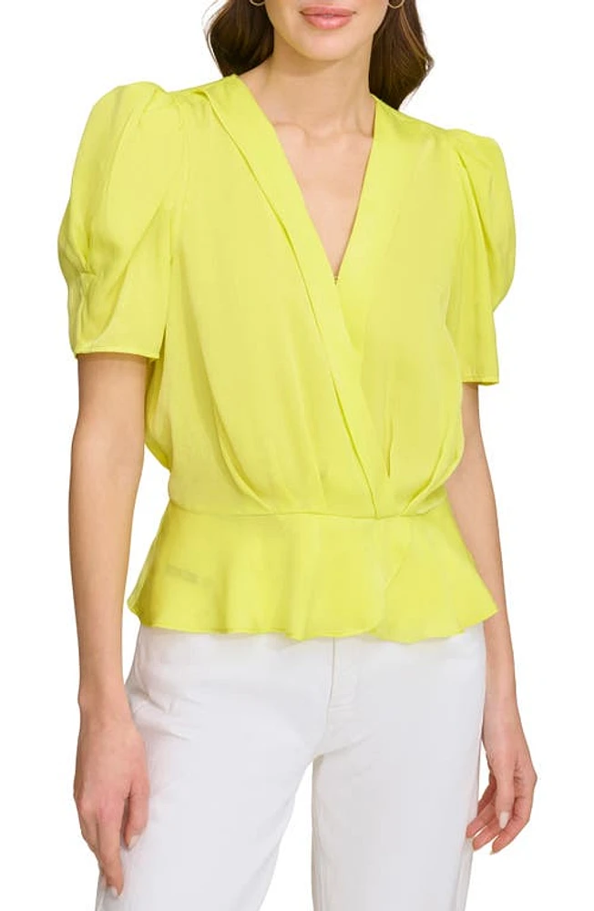 DKNY Puff Sleeve Peplum Satin Top Fluoro Yellow at Nordstrom,