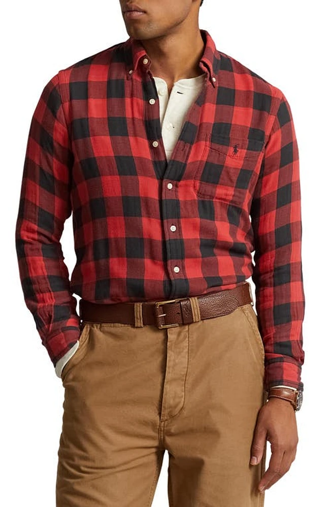 Polo Ralph Lauren Classic Fit Checked Double Face Button-Down Shirt in Red/Black at Nordstrom, Size Small