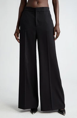 Area Crystal Embellished Stretch Wool Wide Leg Trousers Black at Nordstrom,