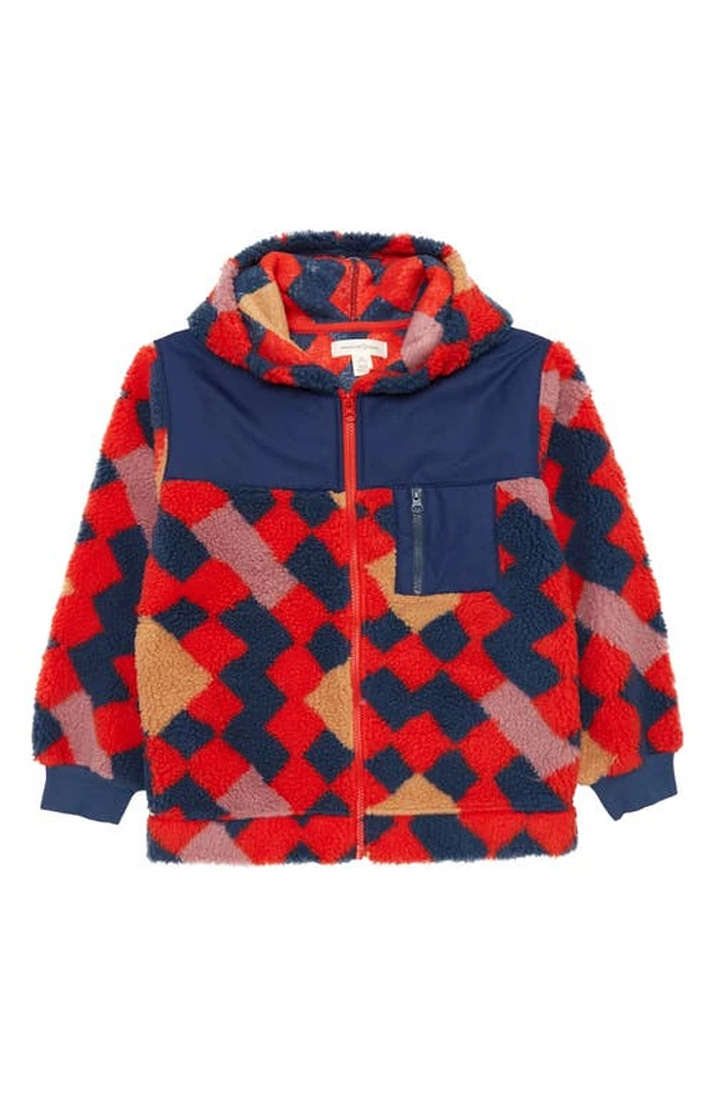 Treasure & Bond Kids' Geo Print Hooded High Pile Fleece Zip Jacket Red Fiery Pop Quilt at