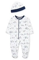 Little Me Puppy Walk Cotton Footie & Hat Set Blue at Nordstrom,