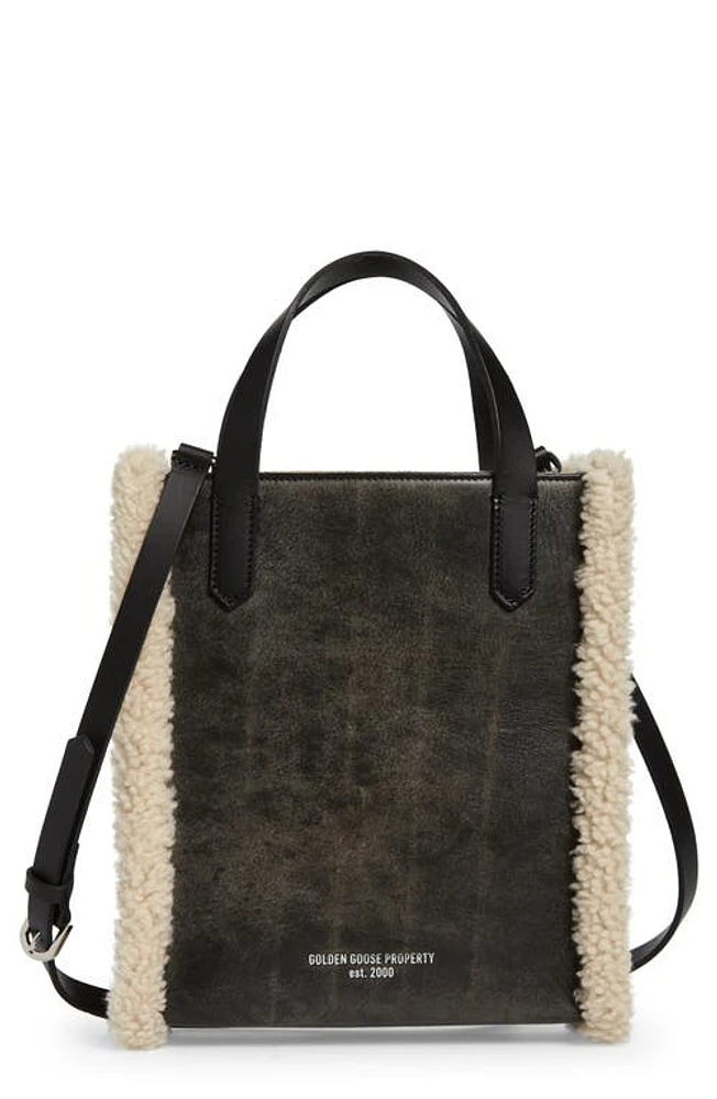 Golden Goose Mini California North/South Leather & Genuine Shearling Tote in Black/Natural White at Nordstrom