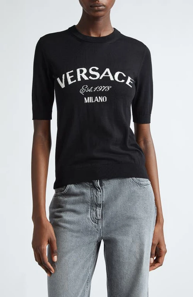 Versace Logo Short Sleeve Virgin Wool Sweater Black at Nordstrom, Us