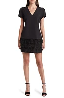 Sam Edelman Cap Sleeve Feather Trim Sheath Dress Black at Nordstrom,