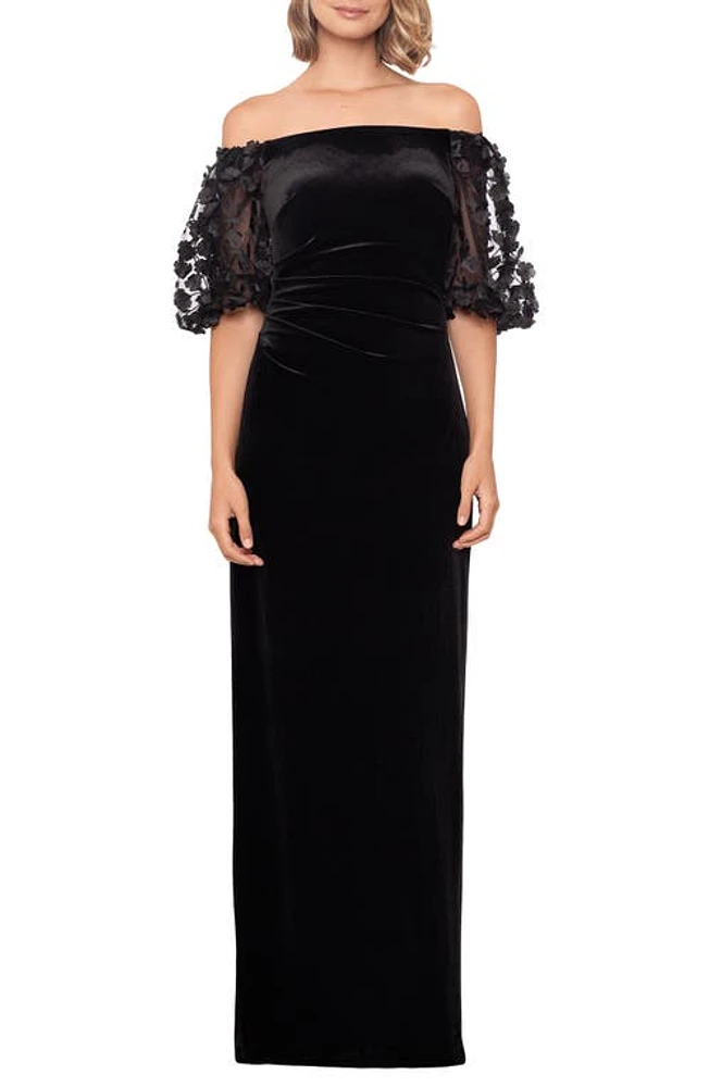 Xscape Evenings Floral Appliqué Off the Shoulder Velvet Gown Black at Nordstrom,