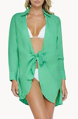 PQ SWIM Millie Tie Linen Cover-Up Tunic Shirt in Matcha at Nordstrom, Size X-Small