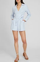 Club Monaco Pleated Long Sleeve Silk Blend Wrap Romper Light Blue/Blue Clair at Nordstrom,