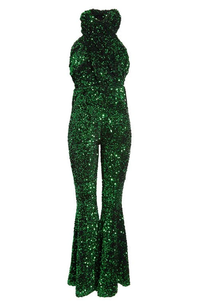 Richard Quinn Halter Neck Belted Flare Leg Sequin Jumpsuit in Green at Nordstrom, Size 4 Us