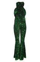 Richard Quinn Halter Neck Belted Flare Leg Sequin Jumpsuit in Green at Nordstrom, Size 4 Us