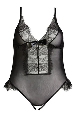 Coquette Lace & Mesh Open Gusset Teddy in Black at Nordstrom