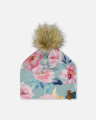 Deux Par Deux Girl's Detachable Pompom Hat Printed Watercolor Roses at Nordstrom