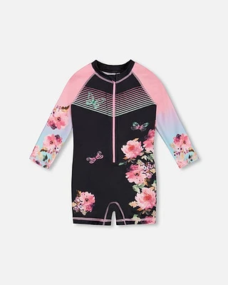 Deux Par Deux Little Girl's Long Sleeve One Piece Rashguard Black With Big Flowers at Nordstrom, Size 2-3T