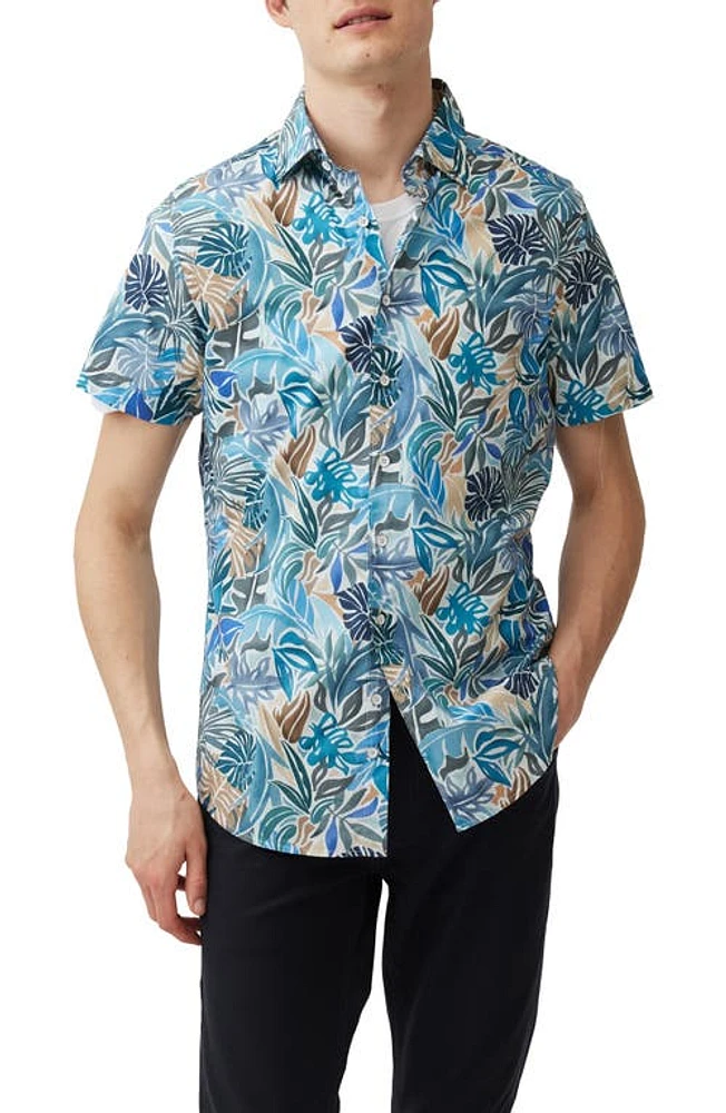 Rodd & Gunn Admiralty Bay Front Print Short Sleeve Cotton Button-Up Shirt Lagoon at Nordstrom,