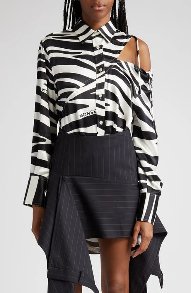 MONSE Zebra Stripe Slashed Silk Blouse in Black/White at Nordstrom, Size 6